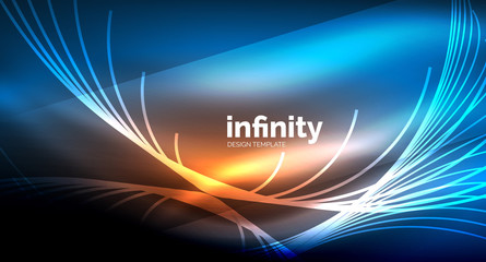 Abstract wave on dark background, shiny glowing neon digital background template