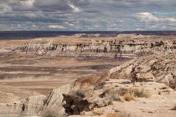Painted Desert at Petrified Forest National Park with cloudy skies in background