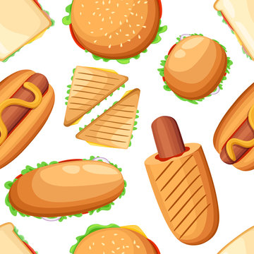 Seamless pattern of various sandwiches, hot dogs and burgers. Cartoon style design. Vector illustration on white background. Web site page and mobile app design