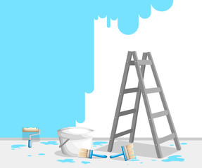 Painting wall with paint roll, brush and ladder. Bright blue paint in buckets. Painter job concept. Vector illustration. Web site page and mobile app design