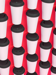 paper cups tamplate 3d with a lid standing on a plane under natural light. Red background. Rendering.