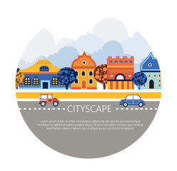 Cityscape  vector illustration in a round frame.  houses, trees, cars