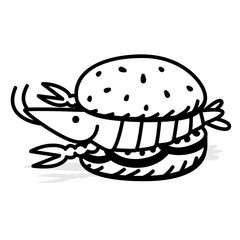 Vector shrimp burger made from genuine shrimp meat ingredients with line style isolated on white background.