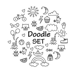Hand drawn, doodle set. Sketch icons for invitation, flyer