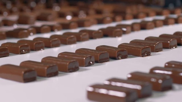 Close-up view on chocolate candies with nougat at manufacture.