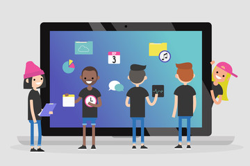Team of millennials designing an operating system. Young professionals at work. Teamwork. Technologies. Flat editable vector illustration, clip art
