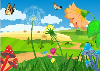 Colorfull and cherfull vector illustratiuon of fantasy fairytail country landscape, butterfies, blowing flowers, and clouds sky