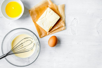 cooking pancake on white background top view ingredients for mak