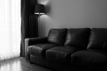 Cozy leather sofa , floor lamp and curtain in the living room in black and white