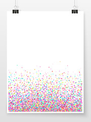 Confetti poster. Holiday banner on binder clips. Winner. Birthday. New Year. Christmas. Celebration mock up. Place for text. Party. Anniversary. Carnival. Congratulation.
