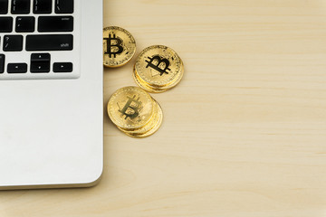 crypto currency mining concept, bitcoins come out of the laptop