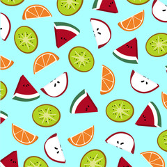 Fruit slices pattern. Kiwi, apple, watermelon and orange. Vector illustration.