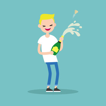 Celebration concept. Young blond boy opening a bottle of champagne and having fun. Opened champagne sprayed / flat editable vector illustration