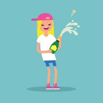 Celebration concept. Young blond girl opening a bottle of champagne and having fun. Opened champagne sprayed / flat editable vector illustration