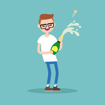 Celebration concept. Young nerd opening a bottle of champagne and having fun. Opened champagne sprayed / flat editable vector illustration
