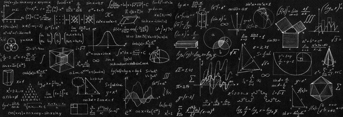 Blackboard inscribed with scientific formulas and calculations in physics and mathematics. - obrazy, fototapety, plakaty