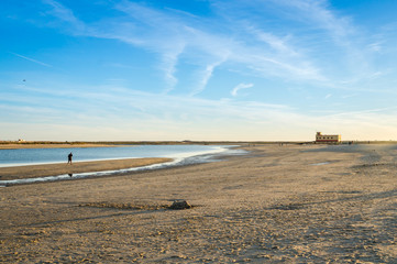 Sunset view of the historical life-guard building in Fuseta, Ria Formosa Natural park, Portugal