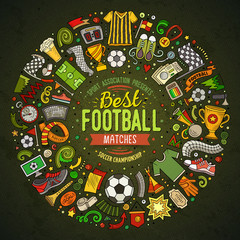 Set of vector cartoon doodle Football objects collected in a round border
