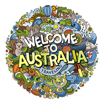 Cartoon cute doodles hand drawn Welcome to Australia inscription