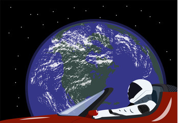 Fototapeta premium Vector illustration of astronaut sitting in a red car which is orbiting the Earth