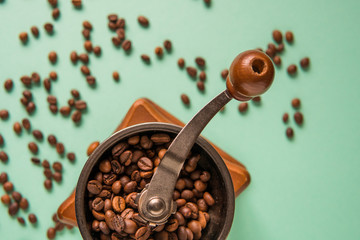 Coffee beans in a hand-held coffee grinder on a tender green background top view