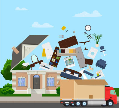 The truck is carrying things into the house. Home delivery. Relocation. Vector Flat Illustration
