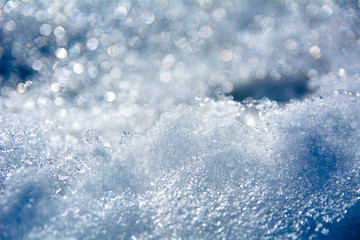 Closeup of a beautiful Christmas blue background of melted snow and bokeh