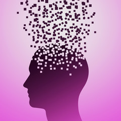 The explosion of the head on a blue background, illustration of human stress, dissolution of the head