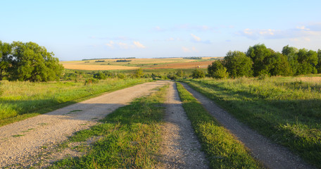 Dusty country road at sunset.Summer landscape.