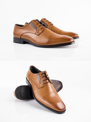 Sapato elegante masculino castanho em pele isolado em fundo branco