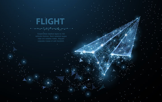 Paper airplane. Low poly wireframe mesh looks like constellation on dark blue. Illustration or background