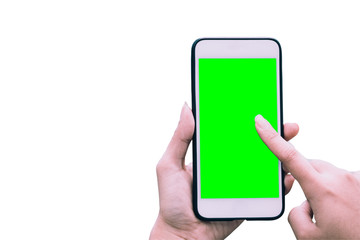 hand of pretty woman holding and touch mobile smart phone with chroma key green screen on white background, new technology concept with clipping path