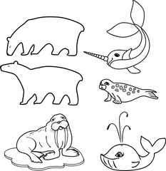Fototapeta premium Coloring page. Set of different cartoon animals of polar fauna