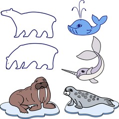 Fototapeta premium Set of different cartoon animals of polar fauna on white background