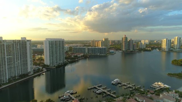 Drone shot Miami Aventura sunset landscape city bay 4k 24p