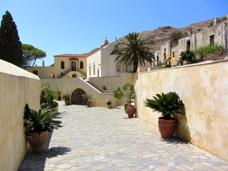 inside yard of ancient monastery of Preveli, Crete, Greece