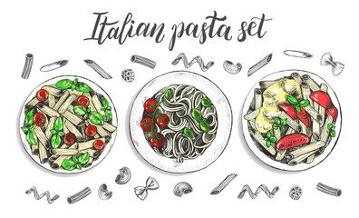 Spaghetti and penne pasta with cherry tomatoes and basil. Dish of Italian cuisine. Ink hand drawn set with brush calligraphy style lettering. Vector illustration. Top view. Food elements collection. - 200126733