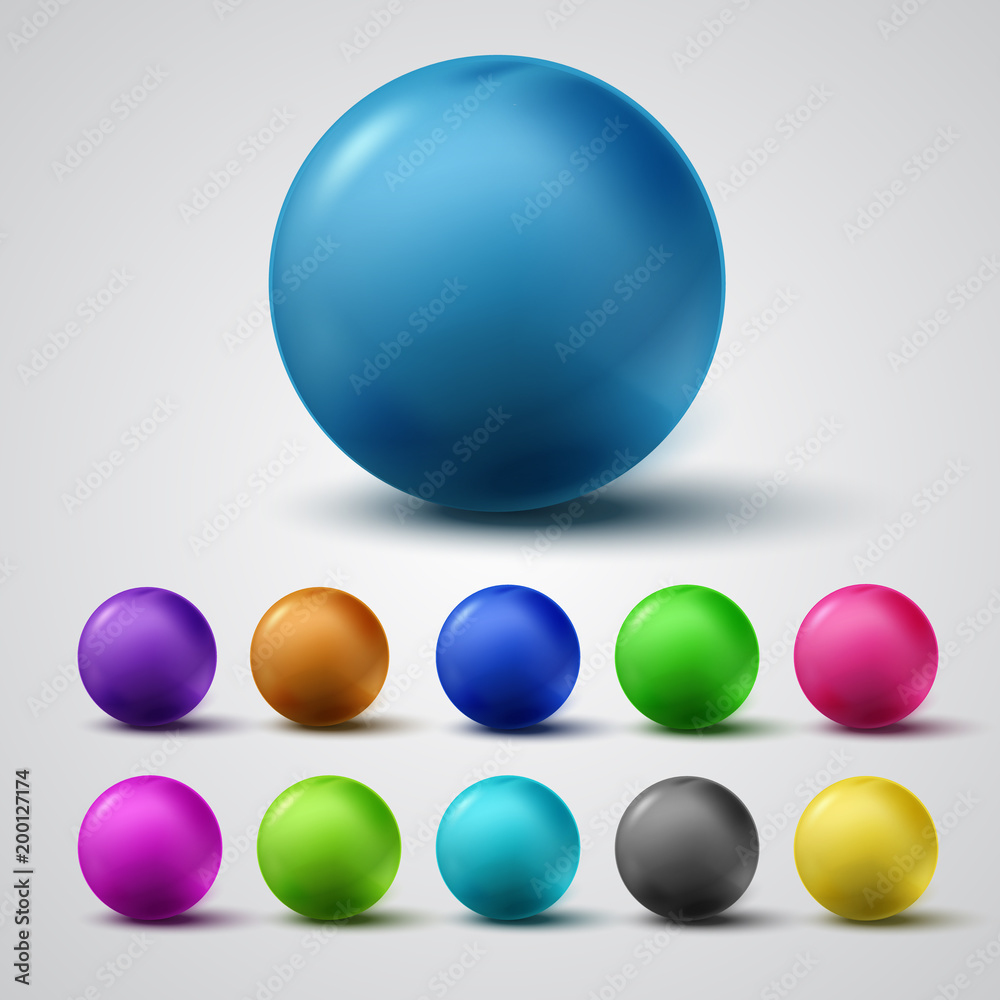 Poster Set of colorful glossy spheres isolated on grey background. Vector bright balls.