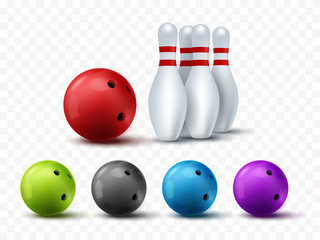 Bawling template. Vector colorful bowling balls and skittles isolated on transparent background.