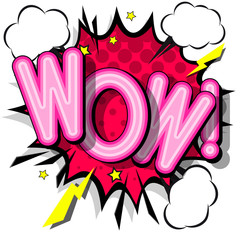 Comic design speech bubbles, WOW - retro lettering. Flash explosion with clouds, lightning, stars; shadows, halftone pattern. Bright vector illustration in vintage pop art style.