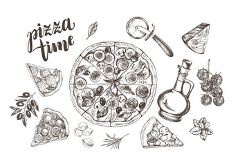 Pizza with pepperoni, olives and champignons, pieces of pizza, round knife, oil in a glass jug, parmesan. Set of Italian cuisine. Ink hand drawn Vector illustration. Food elements for menu design. - 200127162