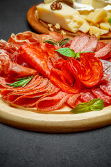 Cold meat cheese plate with salami chorizo sausage and various type of cheese