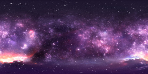 360 degree space nebula panorama, equirectangular projection, environment map. HDRI spherical panorama. Space background with nebula and stars.