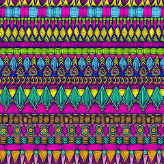 Tribal pattern. Aztec fabric. Mystical ornament. Surreal symbols print. Clothes or interior design. Boho fashion. Traditional homespun textile. Vector seamless pattern.