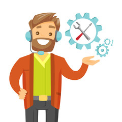 Caucasian white cheerful operator of technical support wearing headphone set. Technical support operator and gear with screwdriver and wrench. Vector cartoon illustration isolated on white background.