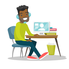 African-american businessman using headset and computer in call center. Young cheerful gamer in headphones playing video game on a computer. Vector cartoon illustration isolated on white background.