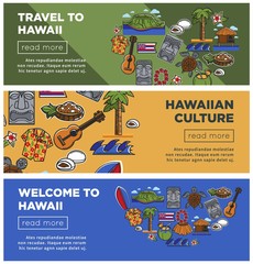 Hawaii travel posters of Hawaiian famous sightseeing symbols and culture landmarks icons
