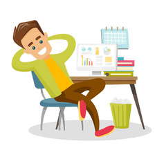 Young satisfied caucasian white employee sitting at workplace with hands clasped behind his head. Relaxed employee resting in the office. Vector cartoon illustration isolated on white background.