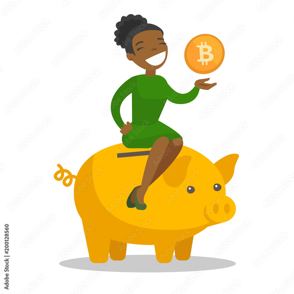 Wall mural young african-american business woman sitting on the top of big piggy bank and holding golden dollar