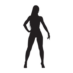Fitness woman standing and posing, isolated vector silhouette, front view